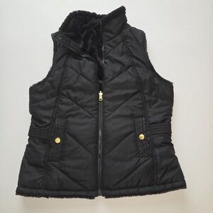 KC Collections Reversible Faux Fur Quilted Vest Black Women's Large Gold Button